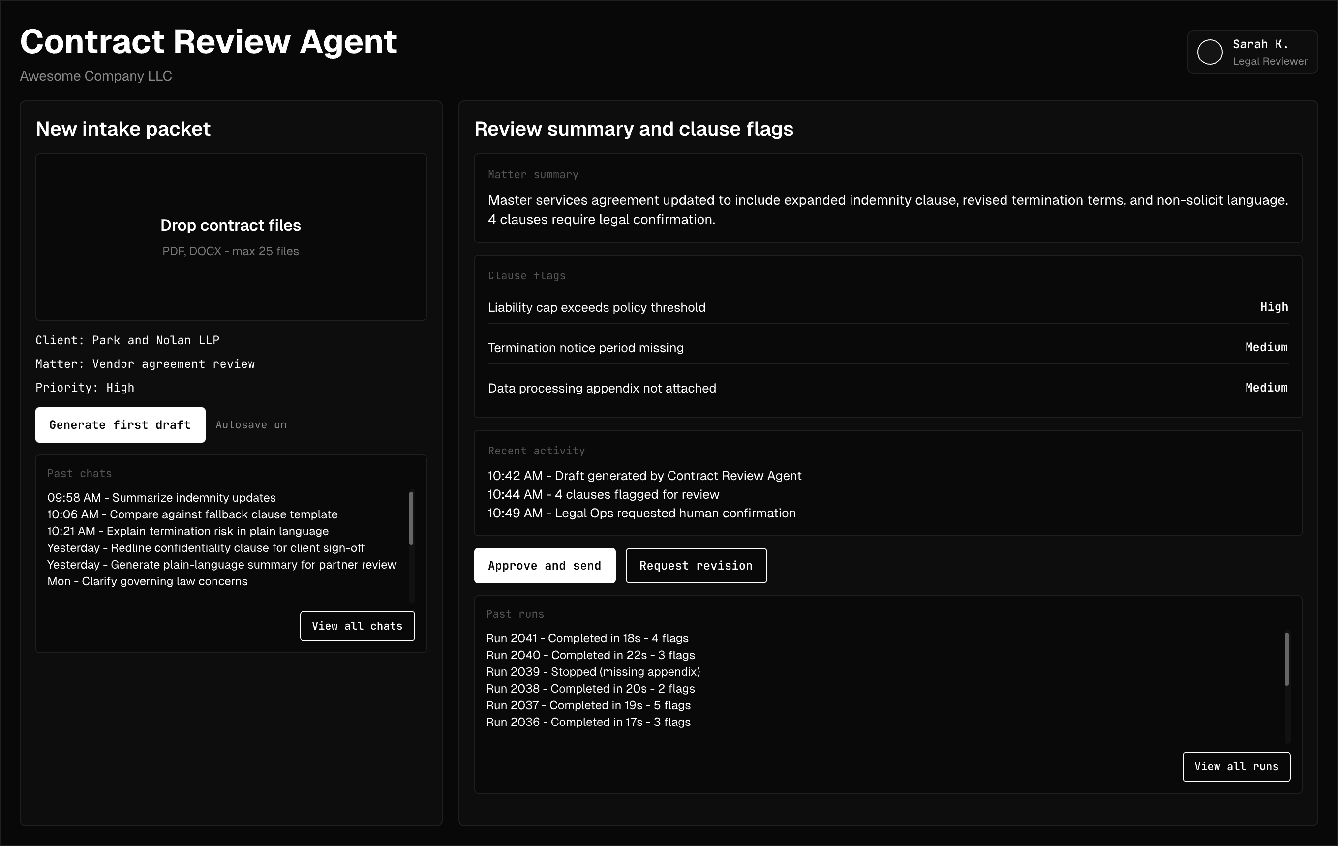 Contract Review Agent interface — legal document automation screenshot
