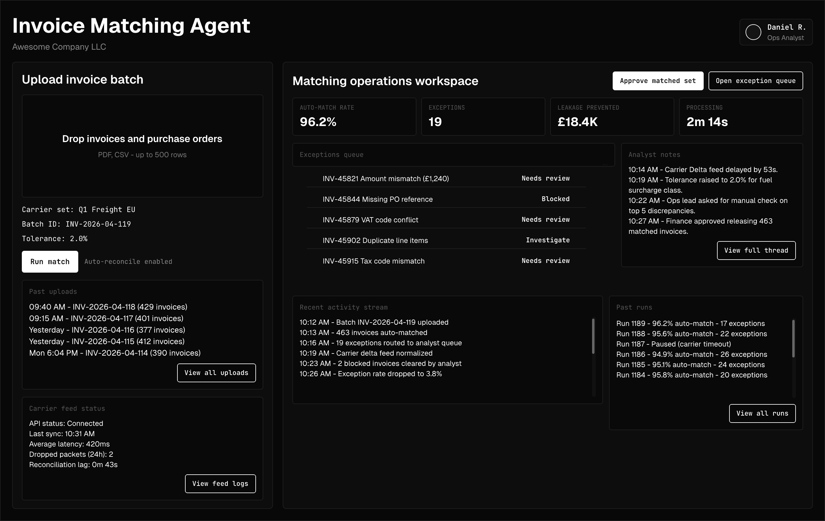 Invoice Matching Agent interface — logistics freight reconciliation screenshot